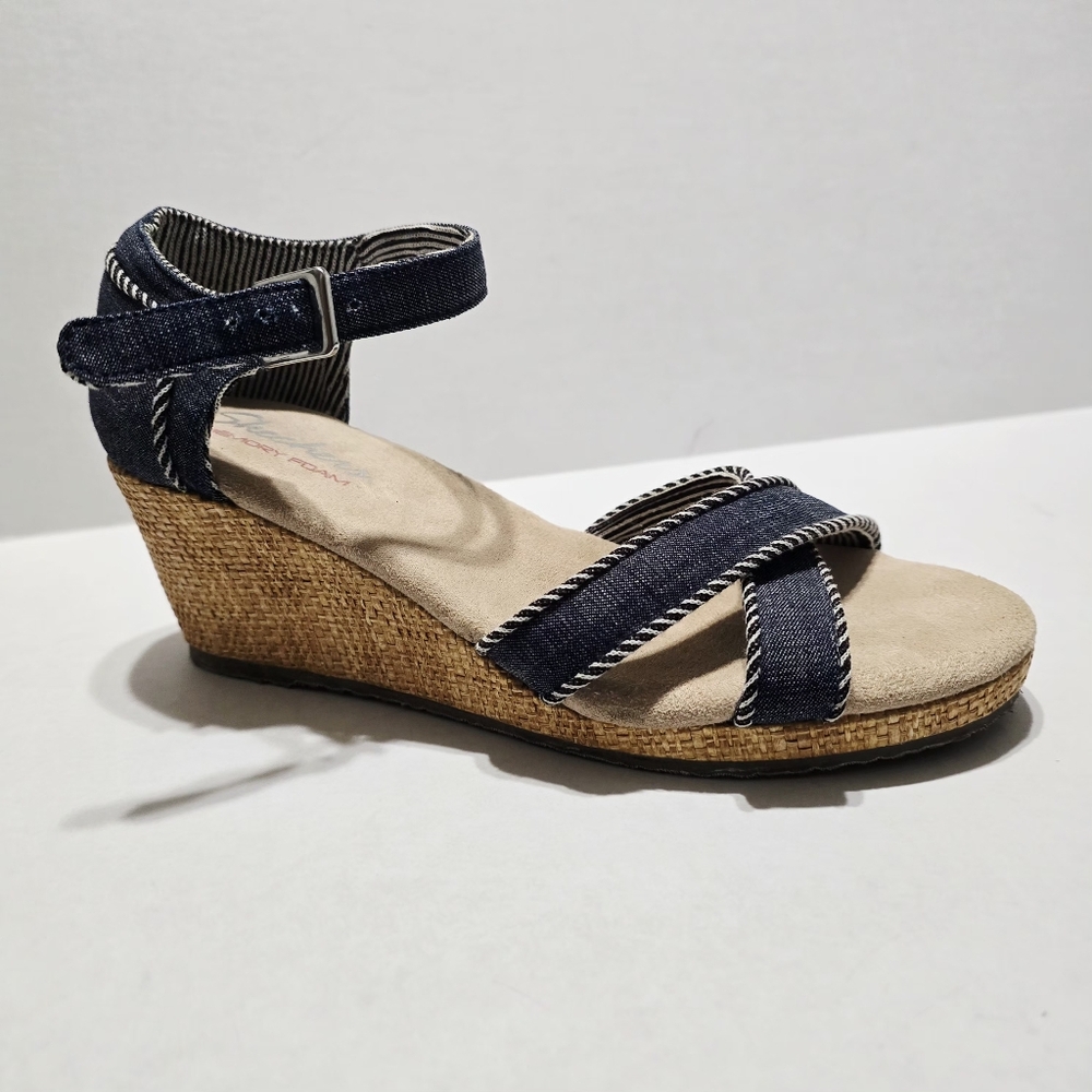 Sketchers 8 Demin With Roped Detail Cork Wedge Sandals Memory Foam